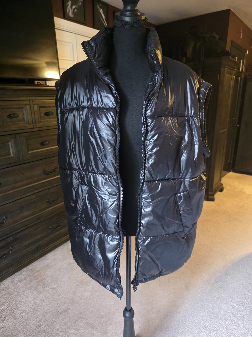 Divided Black Shiny Puffer Vest Size Small Oversized Quilted High Collar Y2K